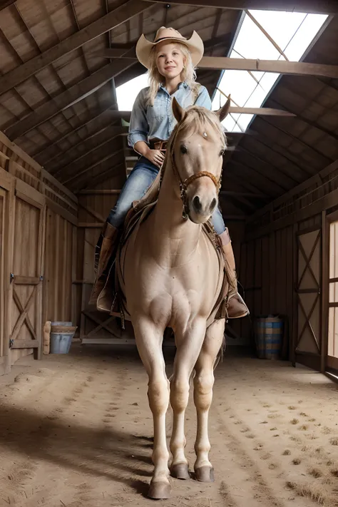 a portrait of blond (monroe : 1.4) (mounting a horse : 1.3) inside a farm barn, (wearing cowgirl clothing : 1.5) and a cowboy ha...