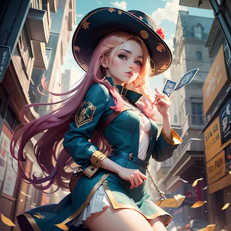 Chica de anime maga oscura, con cabello largo y rubio dorado con sombrero color azul con vivos rosa, vestido azul y vivos rosa, pechos al aire, grandes pechos, Arte detallado del anime digital yuhi-oh, ilustraciones detalladas del anime, Artgerm extremadam...