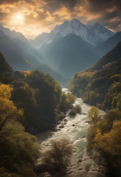 Antiguo paisaje chino, Mountains, rivers, nubes auspiciosas, sol, Obras maestras, Super detail, epic composition, Ultra HD, alta calidad, extremadamente detallado, Arte Oficial, Fondo de pantalla unificado de 8k, Super detail, 32k -- en 6