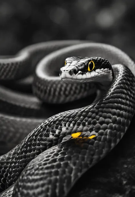 snake staring straight ahead, bottomless with yellow eyes, drawing style, black and white