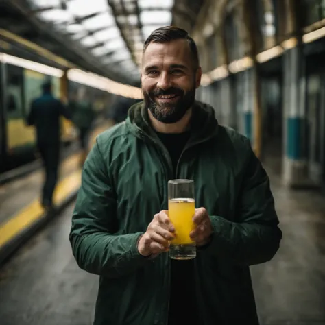 Portrait of a man holding a tube that include some type of element that glows yellow-green and gives judgment to those who drink it, inside a dark room, The light of tube reflects on him face, smiling slyly, close up, bald and bearded man