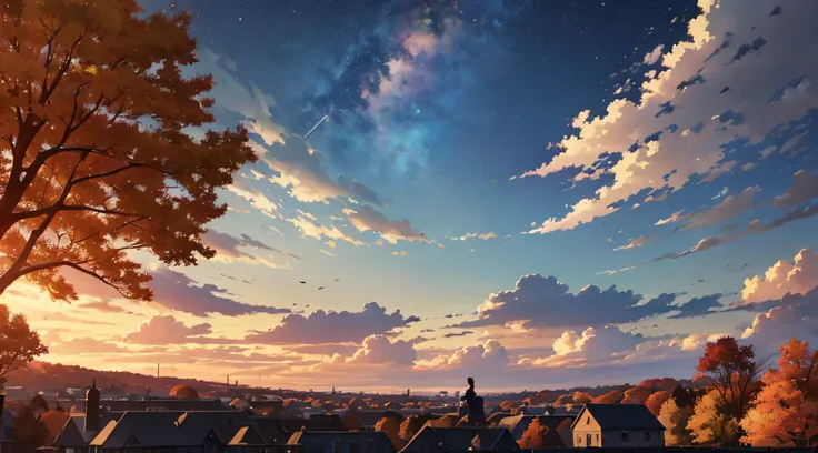 Makoto Shinkai、((A masterpiece)),((Highest quality)),、The anime、Autumn Sky、Arbre mort、feuilles mortes、1Femmes、Looking up at the autumn sky、automne、Beaux paysages、Beau ciel de coucher de soleil、The magic hour、Il y a un peu de vent、perspective、