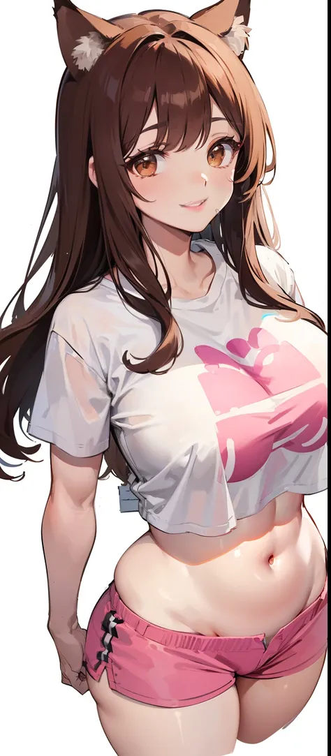 (sketch drawing), (close up), (adult body), ((mouth, smiling, lips)), (chest a little big), (thick legs), (large thighs), (pink cheeks), ( white t-shirt), (showing belly), (perfect belly), (gym shorts), (brown cat ears), (beautiful cat ears), (brown hair),...