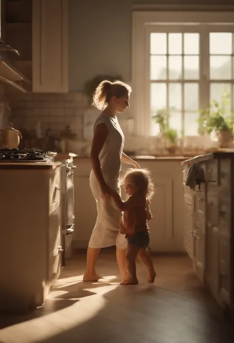 realistic image. Mom, 35 years old, hair tied up, worried, running after a child, a 2-year-old girl. perfect lighting. kitchen backgroud of an ordinary house, neutral colors. High quality 4k image. kinematics.