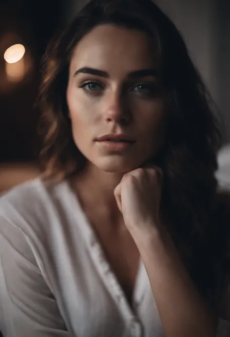 Portrait of a beautiful brunette, 22 years old, freckles, in bedroom, seductive facial expression