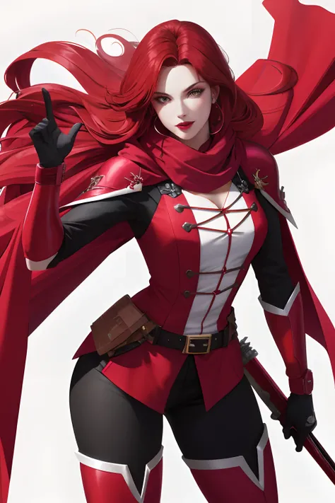 1 woman. Red head. Long hair. High volume hair. Bright pink lips. 35 years old. Anime style. Crimson cape and crimson scarf. Dark Green armor. Crimson boots. Crimson gloves. Determined look. Action pose with a shooting bow. Quiver on back. Masterpiece.