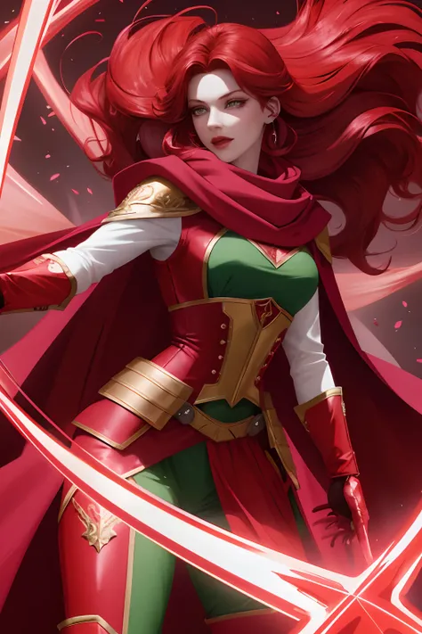 1 woman. Red head. Long hair. High volume hair. Bright pink lips. 35 years old. Anime style. Crimson cape and crimson scarf. Dark Green armor. Crimson boots. Crimson gloves. Determined look. Action pose with a shooting bow. Quiver on back. Masterpiece.