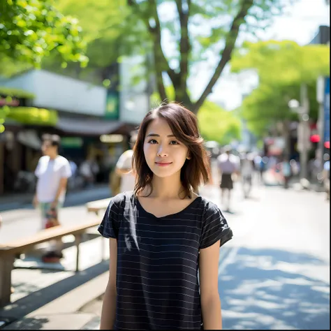 Woman standing on urban sidewalk, portrait of a japanese teen, portrait of a japanese girl, a young asian woman, in a tokyo street, ethnicity : Japanese, Young Asian Woman, wideangle portrait, Young Asian Girl, wideangle portrait, the face of a beautiful J...