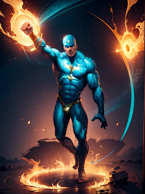 masterpiece, high detailed images, high quality images, perfect faces, Realistic drawing of a bald superhero, olhos brancos, corpo totalmente azul com brilho de energia usando uma sunga preta, bare-legged, with his fist raised releasing a beam of energy th...