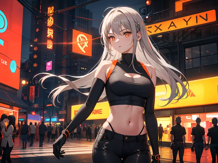 masterpiece, best quality, beautiful lighting, 1 girl, gray hair, orange eyes, crop top, tight black pants, looking around, night, city, neon lights, neon signs, ray tracing, solo, (upper body:1.1)