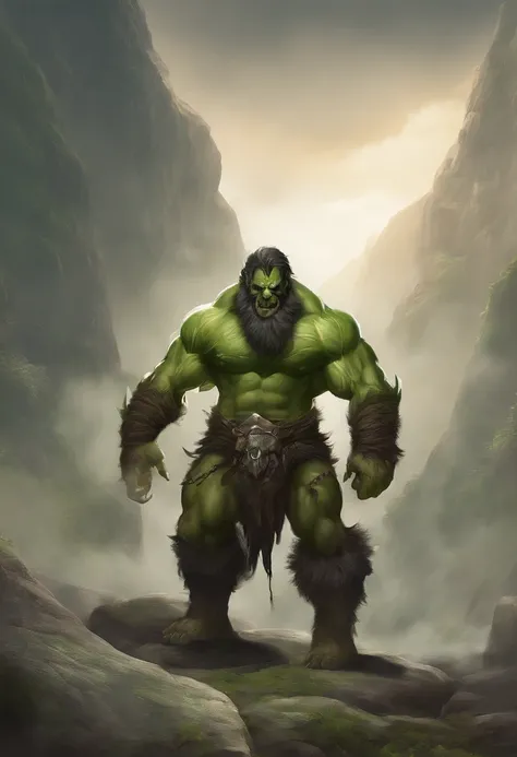 muscle orc man, manly, very long beard, green skin, beefy, muscular, very strong, huge muscles, enormous, wide, very hairy body, hairy chest, manly, muscular, naked, loincloth, big tusks