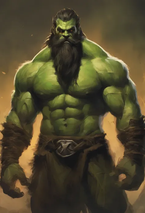 muscle orc man, manly, very long beard, green skin, beefy, muscular, very strong, huge muscles, enormous, wide, very hairy body, hairy chest, manly, muscular, naked, loincloth, big tusks