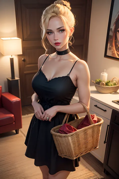 realistic 8k image of a beautiful woman, with light eyes, blonde hair tied in a bun, red lipstick, dressed in a pretty black dress, standing in a living room of a simple apartment, seductive expression, holding a wicker basket, night scene, anime style art