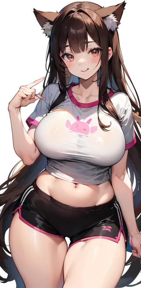 (sketch drawing), (close up), (adult body), ((mouth, smiling, lips)), (chest a little big), (thick legs), (large thighs), (pink cheeks), ( white t-shirt), (showing belly), (perfect belly), (gym shorts), (brown cat ears), (Beautiful cat ears), (brown hair),...