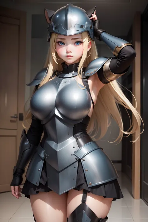 a beauty girl、a junior high school student、Blonde blue-eyed、plump、Muchimuchi、Plump、Black Armoured Soldier Cosplay、Black helmet on the head、Black armor on the legs、Black armor is about to pop