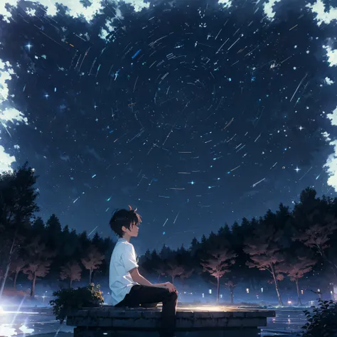 octans, sky, star (sky), scenery, starry sky, night, 1man, white shirt, black jacket, night sky, solo, outdoors, building, cloud, milky way, sitting, tree, city, silhouette, cityscape, journey.