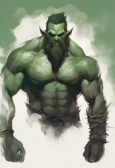 face of a muscle orc man, manly, very long beard, green skin, square jaw, muscular, very strong, hairy chest, manly, muscular, tusks, big tusks