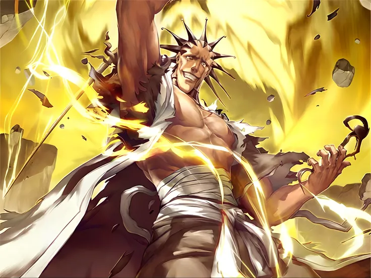 anime character with a sword and a cape on his head, guilty gear strive splash art, fighting game character, an epic anime of a energy man, guilty gear strive graphics, joseph joestar, guilty gear art style, guilty gear art direction, character from king o...