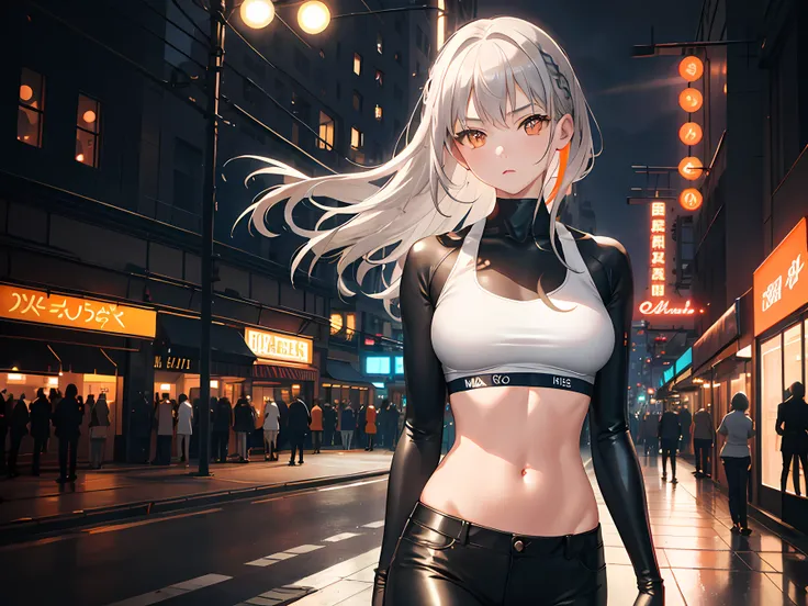 masterpiece, best quality, beautiful lighting, 1 girl, gray hair, orange eyes, crop top, tight black pants, looking around, night, city, neon lights, neon signs, ray tracing, solo, (upper body:1.1), stomach