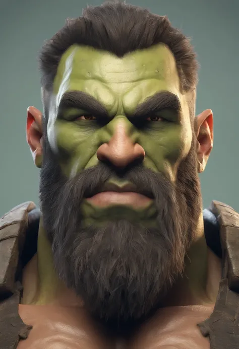 face of a muscle orc man, manly, very long beard, green skin, square jaw, muscular, very strong, hairy chest, manly, muscular, tusks, big tusks