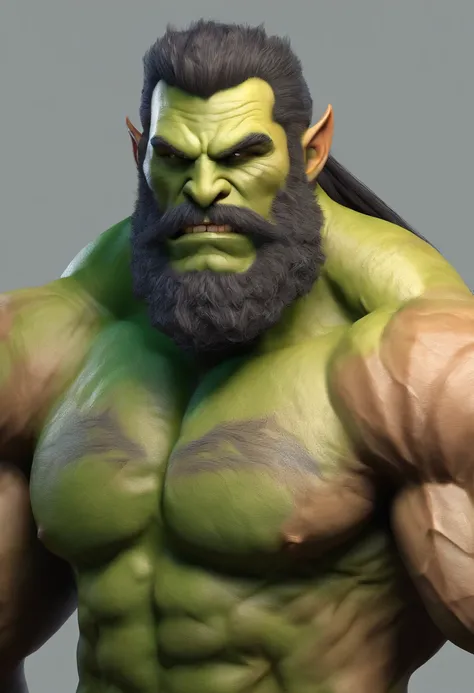 face of a muscle orc man, manly, very long beard, green skin, square jaw, muscular, very strong, hairy chest, manly, muscular, tusks, big tusks