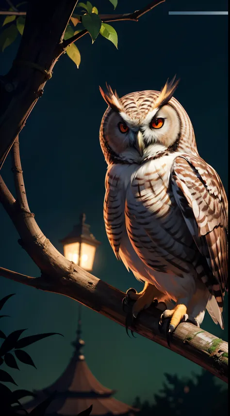 An amazing owl on the tree, red lighting eyes, in a dark jungle, cinematic, night, moonlight, high quality, 8k, super details