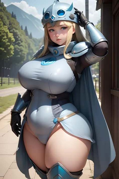 a beauty girl、a junior high school student、Blonde blue-eyed、plump、Muchimuchi、Plump、「Nausicaä of the Valley of the Wind」Cosplay of a gray giant god soldier appearing in、Gray helmet on the head、Gray armor on the legs、The gray armor is about to pop