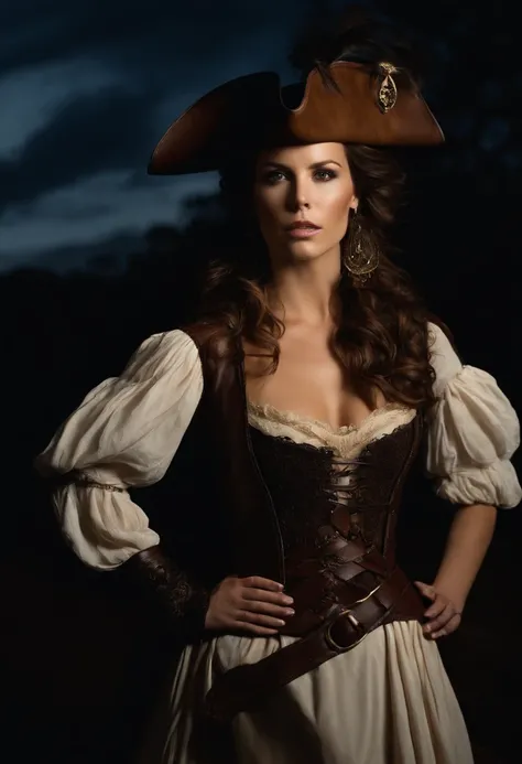 hair, penetrating gaze, furrowed eyebrows, serious look, looking at the viewer, close-up on the womans face beautiful Kate Beckinsale, wearing antique costume, brown leather tricorne, tricorne on her head, tricorne covering her forehead, pirate tricorne, p...