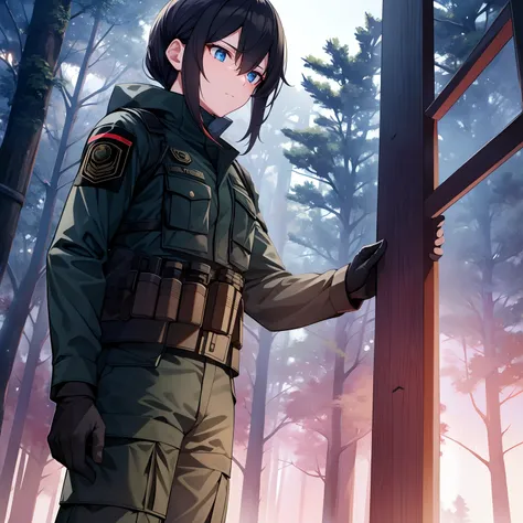 Male, special forces uniform, military uniform, dark forest, dim lighting, from below, faint moonlight (masterpiece), (ultra-detailed)