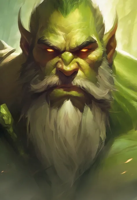 face of a muscle orc man, manly, very long beard, green skin, square jaw, muscular, very strong, hairy chest, manly, muscular, tusks, big tusks