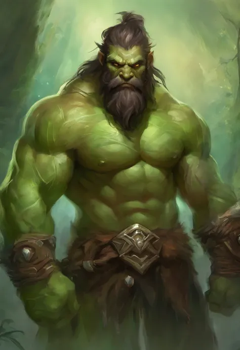 face of a muscle orc man, manly, very long beard, green skin, square jaw, muscular, very strong, hairy chest, manly, muscular, tusks, big tusks