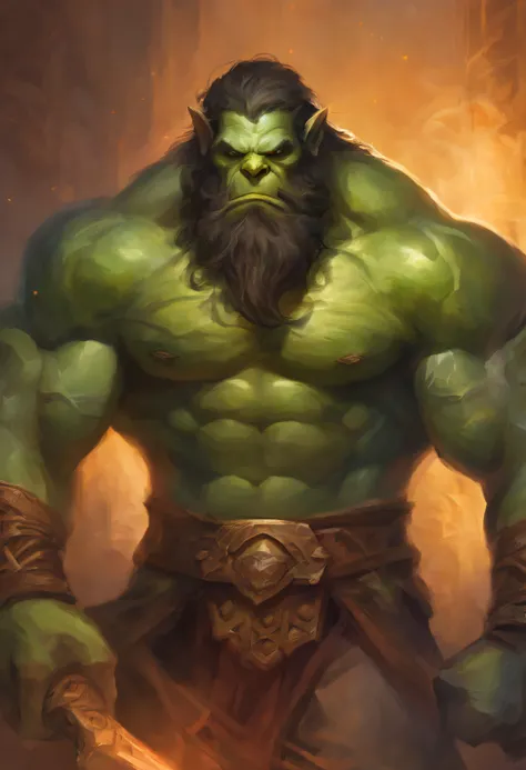 face of a muscle orc man, manly, very long beard, green skin, square jaw, muscular, very strong, hairy chest, manly, muscular, tusks, big tusks