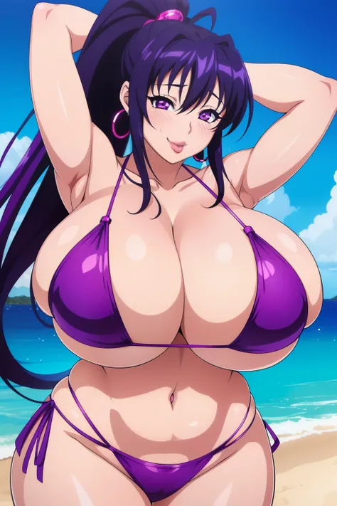 Akeno Himejima, 1girl, (((bimbo))), purple hair, purple eyes, ear rings, (((bimbo))), puffy lips, painted lips, thick lips, pleasure face, tongue out, wide hips, thick thighs, huge round ass, huge natural Hitomi Tanaka breasts, bikini, close up breasts, zo...