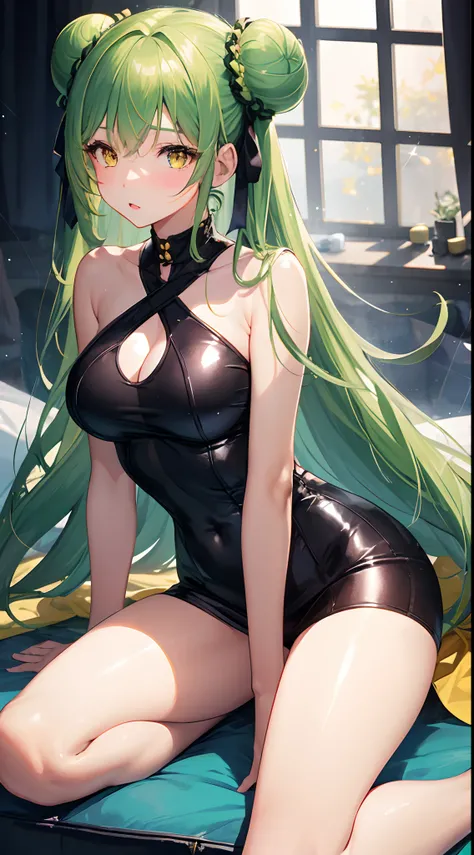 1girl, long hair, double bun, green hair, yellow eyes, sparkling eyes, black clothes,