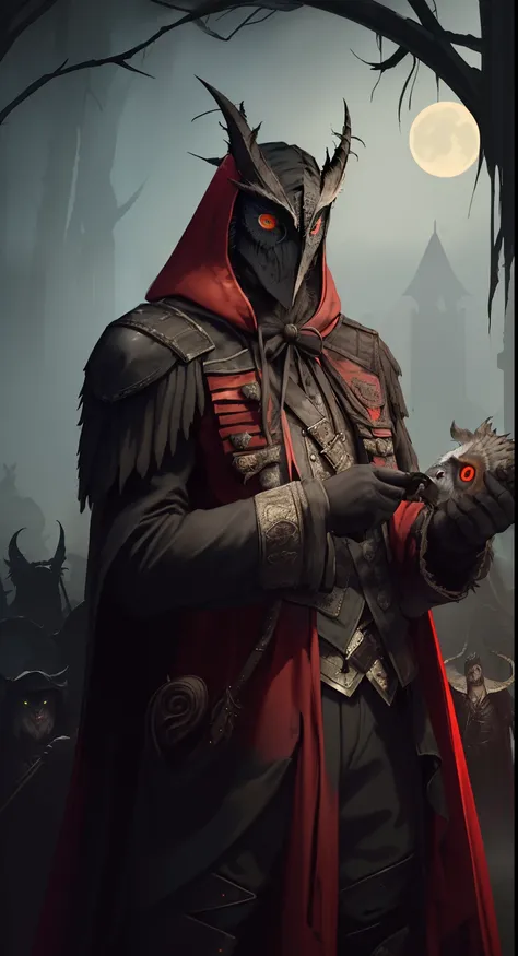 there is a man in a horned mask standing in front of a man, nite - owl, owl wizard, from vermintide 2 video game, owl wearing black biker jacket, owl mask, thief red riding hood, trending on artstation., owlbear, more details, wearing cultist red robe, unr...