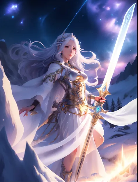 a woman in a white dress holding a sword in a snowy area, anime fantasy artwork, 2. 5 d cgi anime fantasy artwork, anime fantasy illustration, epic fantasy art style hd, fantasy art style, detailed fantasy art, portrait knights of zodiac girl, high quality...