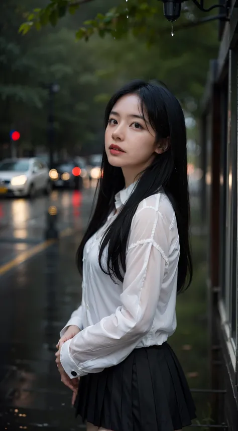 a girl with long black hair and a schoolgirl uniform, standing in the rain. She looks shy and her cheeks are blushing. Her hair is wet and translucent in the rain, creating a beautiful and ethereal effect. The background is filled with raindrops falling an...