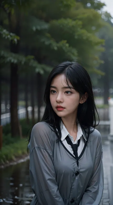 a girl with long black hair and a schoolgirl uniform, standing in the rain. She looks shy and her cheeks are blushing. Her hair is wet and translucent in the rain, creating a beautiful and ethereal effect. The background is filled with raindrops falling an...