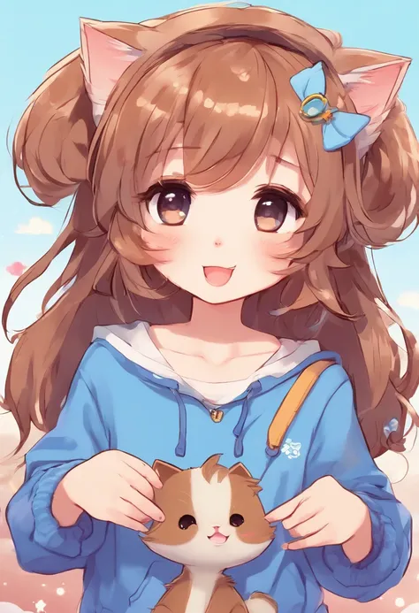 Soft, cute cat girl with brown hair wearing a loose blue sweater, adorable, has cat fangs and a blusy look on her face