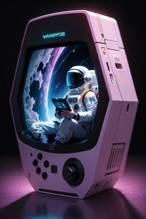 Create space with a floating astronaut while playing an old handheld video game, Make a vaporwave and ultra realistic style