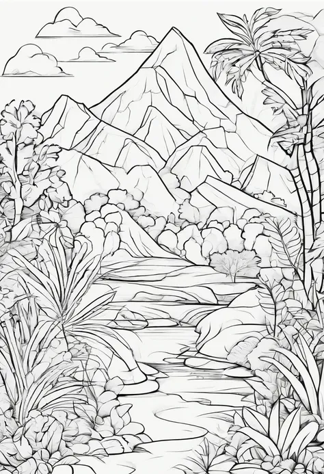 A coloring page, sem cor, tiranossauro rex em uma selva, estilo desenho animado, preto e branco, detalhes baixos, sem sombreamento