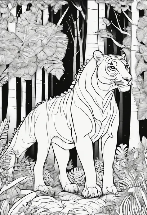 A coloring page, sem cor, tiranossauro rex em uma selva, estilo desenho animado, preto e branco, detalhes baixos, sem sombreamento