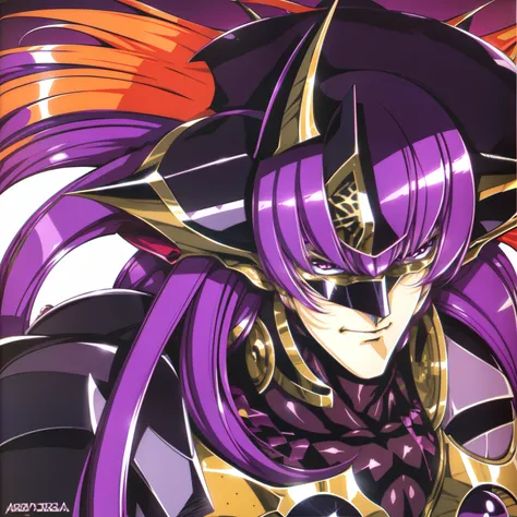 pointy ears, dark lord, eyes covered by shadows, purple hair, armor, wearing a horned helmet, retro artstyle, cleavage, shoulder armor, 1boy, orange hair, pauldrons, 1990s (style), an evil smile, looking at viewer