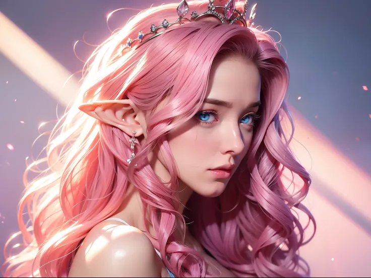 a woman, long curly hair, pink hair, blue eyes, princess, elf, crown on her head, sexy, low-cut clothing, empowered