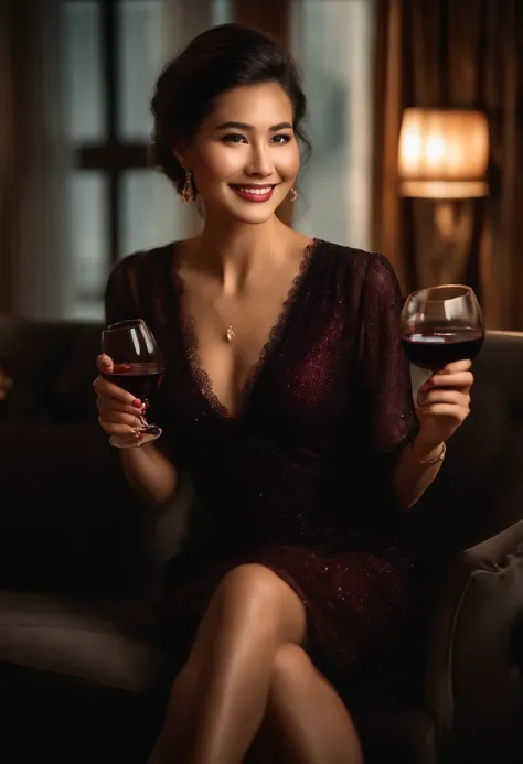 (Kazuko Morena), sitting on a couch, holding a glass of red wine, smile on her face, low lighting, jazz atmosphere, 8K, realistic, detailed eyes and face, beautiful detailed lips, elegant black dress, sophisticated hairstyle, cozy living room, warm tones, ...