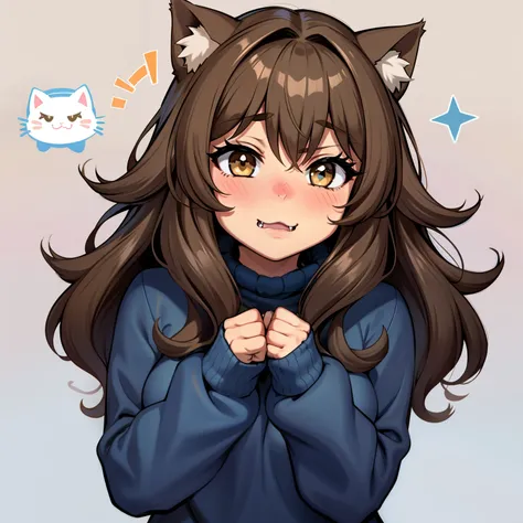 Soft, cute adult neko with puffy brown hair wearing a loose fuzzy blue sweater, adorable, has cat fangs and a blushy look on her face, OwO