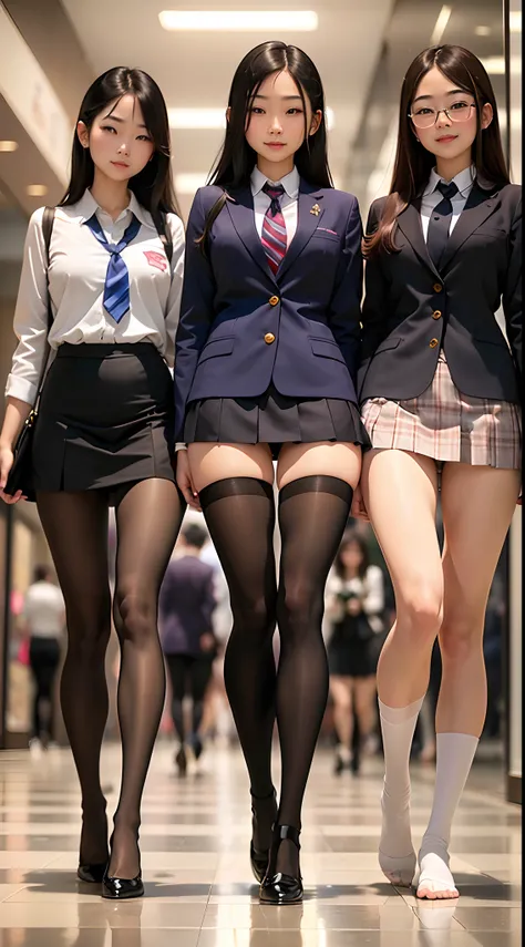 show entire body, feet in view, 3 gorgeous 18.y.o. asian females, wearing American school uniforms, pantyhose, no shoes, walking in mall, smiling,