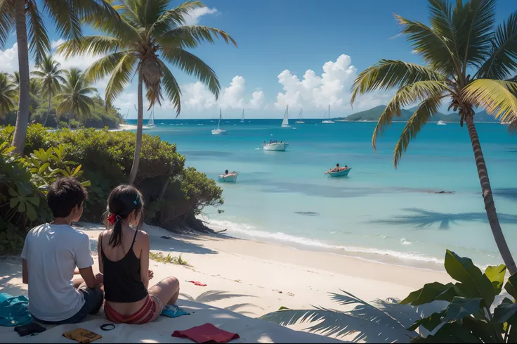 View of a paradisiac isolated Caribbean island, with palm trees an vegetation, clear sand, a couple of kidS with torn clothes, disheveled, sitting on a log near the water, fishing. Happy palette of colours. Sunny day.