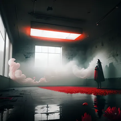 floor of abandoned warehouse watered in red, a woman in a black cape next to a black goat, dark black background, fog, wall full of red flowers and plants, ceiling coming out of smoke, bauhaus photography, red floating structures, monochrome serenity, ruin...