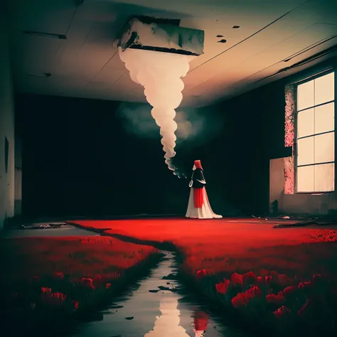 floor of abandoned warehouse watered in red, a woman in a black cape next to a black goat, dark black background, fog, wall full of red flowers and plants, ceiling coming out of smoke, bauhaus photography, red floating structures, monochrome serenity, ruin...